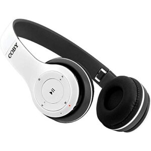coby bluetooth headphones | wireless headphones with built-in mic, hands-free calling | over the ear foldable bluetooth headset for easy storage | up to 5 hours of playtime | supports aux in (white)