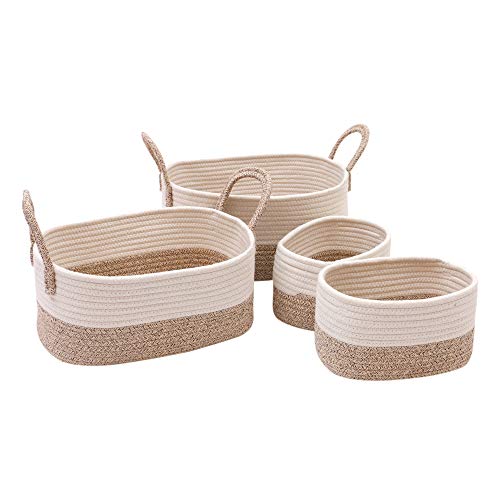 E-HOUPRO Storage Baskets Set of 4,Cotton Rope Woven Organizer Bins Foldable Decorative Basket with Handles for Baby Nursery Laundry Kid's Toy,Beige