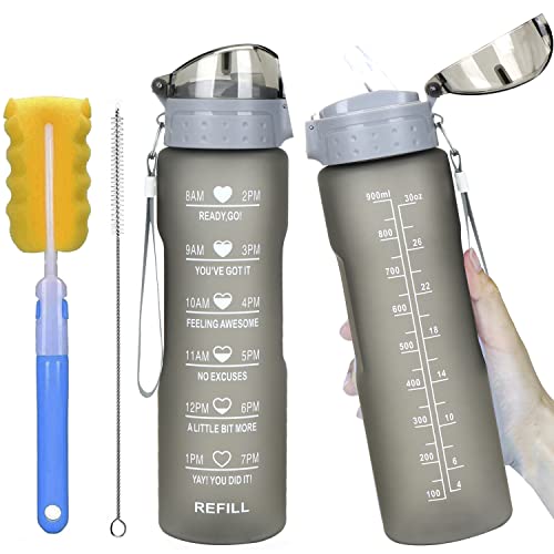 32oz Leakproof Water Bottle with Time Marker & Straw lid to Ensure You Drink Enough Water Throughout The Day for Fitness and Outdoor Enthusiasts, BPA Free, With straw Brush (1 Water Bottle)