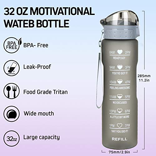 32oz Leakproof Water Bottle with Time Marker & Straw lid to Ensure You Drink Enough Water Throughout The Day for Fitness and Outdoor Enthusiasts, BPA Free, With straw Brush (1 Water Bottle)