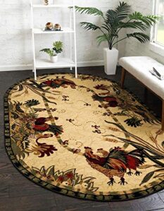 unique loom barnyard collection french country inspired cottage rooster design area rug (3' 3 x 5' 3 oval, ivory/olive)