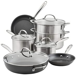 rachael ray professional stainless steel/hard anodized nonstick cookware pots and pans set, 11 piece, gray and silver