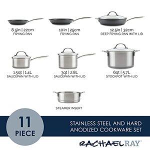 Rachael Ray Professional Stainless Steel/Hard Anodized Nonstick Cookware Pots and Pans Set, 11 Piece, Gray and Silver