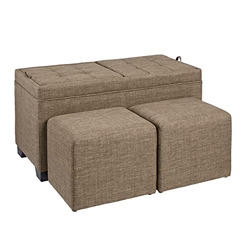 FIRST HILL FHW Sunshine 3-Piece Storage Ottoman Bench Set with Fabric Upholstery, Bark Brown