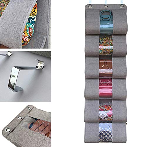 Handbag Organizer Storage Purse Bag Dust-Proof Hanger with 6 Easy Access Deep Pockets and Visible Window for Closet Wall(Gray)