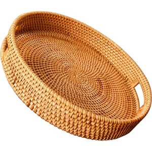 wuweot rattan serving tray, round woven wicker basket, decorative rustic table tray with handles for serving dinner, parties, breakfast, coffee tea, drinks, snack, 12 inch