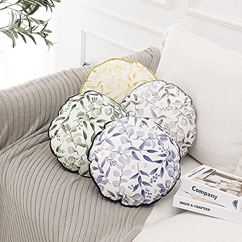 NottingsonHome Velvet Decorative Floral Round Small Pillow Blue 13"x13" Farmhouse Print Botanical Leaf Mini Throw Pillow Rustic Floor Cushions Couch Sofa Decor Welcome Gift,13"x13"x1