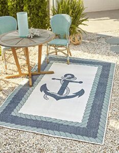 unique loom outdoor coastal collection abstract, anchor, vintage, contemporary, border, ropes area rug (7' 10 x 10' 0 rectangular, navy blue/ivory)