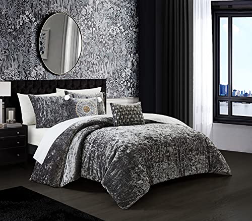 Chic Home Alianna 5 Piece Comforter Set Crinkle Crushed Velvet Bedding - Decorative Pillow Shams Included, King, Grey