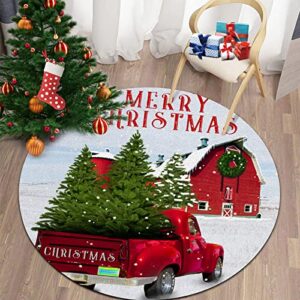 round area rugs 4ft, red retro truck and christmas tree indoor throw runner circle rug entryway doormat floor carpet pad yoga mat for bedroom living room farm wood barn