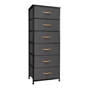 pellebant dresser for bedroom with 6 drawers, tall dresser vertical storage tower, sturdy metal frame, fabric storage bins with wooden handle and wooden top, organizer unit for closet/hallway, grey