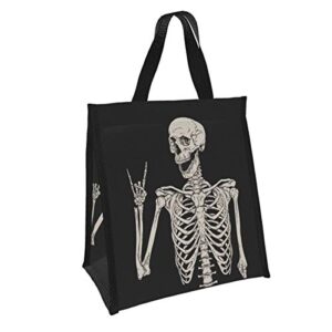 ouqiuwa reusable lunch bag cute lunch box, lunch tote handbag for women men work travel shopping-rock and roll skeleton skull boho hippie