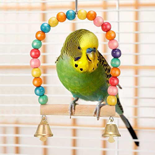 Frienda 4 Pieces Bird Training Toy Set Include Wooden Bird Block Puzzle Toy Parrot Training Basketball Colorful Stacking Rings Toy Birds Swing Perch for Parrots