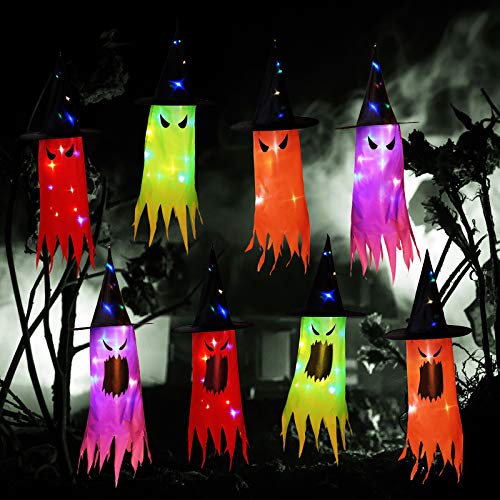 8 Pieces Halloween Decorations LED Lighted Witch Hats Lighted Glowing Ghost Hat Lights String Battery Operated for Halloween Decorations Outdoor Indoor Yard Tree Garden Party Decor