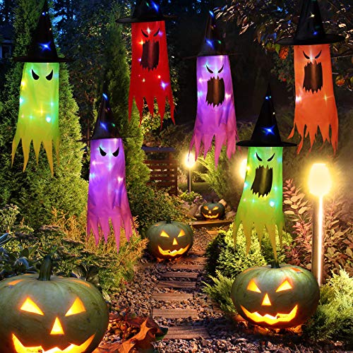 8 Pieces Halloween Decorations LED Lighted Witch Hats Lighted Glowing Ghost Hat Lights String Battery Operated for Halloween Decorations Outdoor Indoor Yard Tree Garden Party Decor