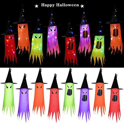 8 Pieces Halloween Decorations LED Lighted Witch Hats Lighted Glowing Ghost Hat Lights String Battery Operated for Halloween Decorations Outdoor Indoor Yard Tree Garden Party Decor