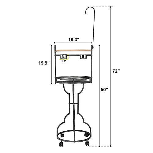 COZIWOW 72" Large Parrot Wood Perch Playstand, Bird Play Stand with Stainless Steel Tray Bowls Toy Hook Rolling Wheel, Wrought Iron Parrot Bird Play Gym Ground Rolling Stand, Black