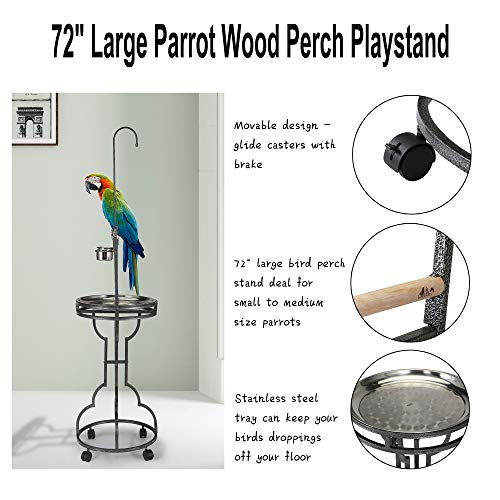 COZIWOW 72" Large Parrot Wood Perch Playstand, Bird Play Stand with Stainless Steel Tray Bowls Toy Hook Rolling Wheel, Wrought Iron Parrot Bird Play Gym Ground Rolling Stand, Black