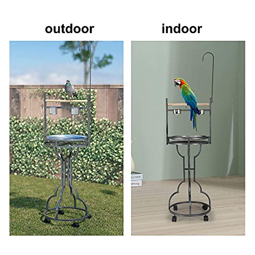 COZIWOW 72" Large Parrot Wood Perch Playstand, Bird Play Stand with Stainless Steel Tray Bowls Toy Hook Rolling Wheel, Wrought Iron Parrot Bird Play Gym Ground Rolling Stand, Black