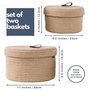 DENJA & CO Round Baskets with Lids - Set of 2 Decorative Jute Baskets with Lids for Organizing - Natural Jute Rope Lidded Baskets with Genuine Leather Tabs - Storage Baskets with Lids