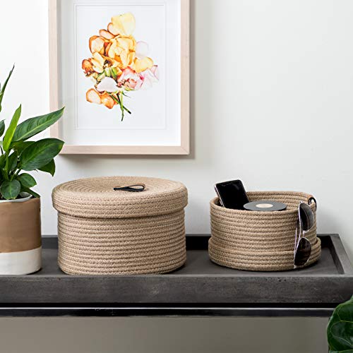 DENJA & CO Round Baskets with Lids - Set of 2 Decorative Jute Baskets with Lids for Organizing - Natural Jute Rope Lidded Baskets with Genuine Leather Tabs - Storage Baskets with Lids