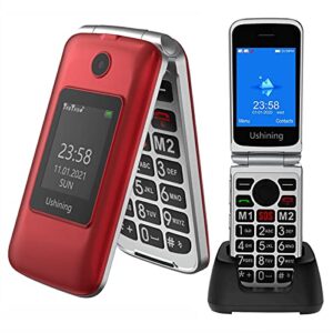 ushining 3g unlocked flip phone dual screen dual sim mobile phones easy-to-use flip cell phones with charging dock (red)