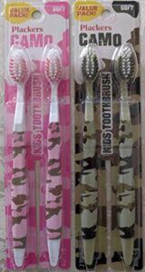 plackers camo toothbrushes for children 5 to 8 years - 2 pink camouflage, and 2 green camouflage soft bristle brushes provide gentle, effective cleaning - 4 count