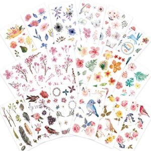 knaid watercolor birds and flowers stickers set - decorative sticker for scrapbooking, kid diy arts crafts, album, bullet journaling, junk journal, planners, calendars and notebook