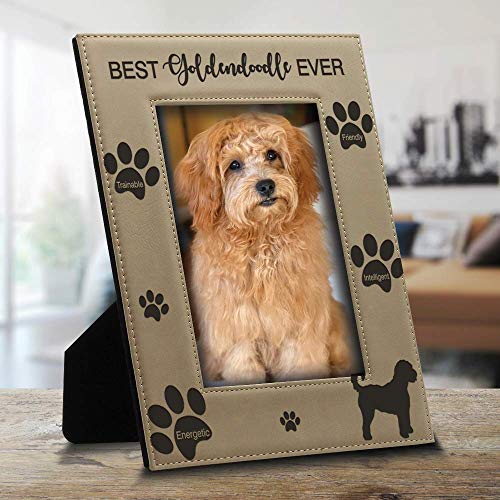 BELLA BUSTA - Best Goldendoodle Ever-Dog photo frame-Dog Lover Gift-Engraved Leather Picture Frame (5 x 7 Vertical)