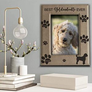 BELLA BUSTA - Best Goldendoodle Ever-Dog photo frame-Dog Lover Gift-Engraved Leather Picture Frame (5 x 7 Vertical)