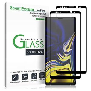 amfilm screen protector for samsung galaxy note 9, full screen coverage screen protector, 3d curved tempered glass, dot matrix with easy installation tray (black), 2 pack