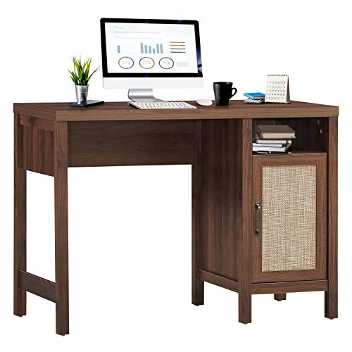 Tangkula Computer Desk with Storage Cabinet, Rustic Wooden Writing Desk Study Desk with Metal Handle, Compact Computer Desk Workstation Laptop PC Desk for Home Office, Walnut