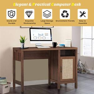 Tangkula Computer Desk with Storage Cabinet, Rustic Wooden Writing Desk Study Desk with Metal Handle, Compact Computer Desk Workstation Laptop PC Desk for Home Office, Walnut