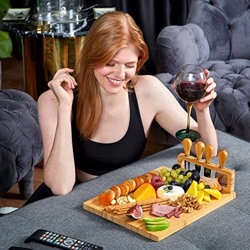 RoyalHouse Unique Bamboo Cheese Board and Knife Set - Charcuterie Boards Set & Cheese Platter with Slide-Out Cutlery Drawer - Serving Tray for Crackers, Meat, and Wine - Anniversary and Wedding Gift