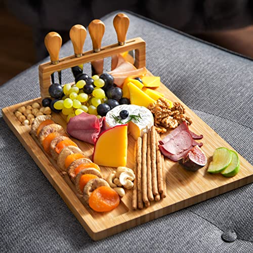 RoyalHouse Unique Bamboo Cheese Board and Knife Set - Charcuterie Boards Set & Cheese Platter with Slide-Out Cutlery Drawer - Serving Tray for Crackers, Meat, and Wine - Anniversary and Wedding Gift