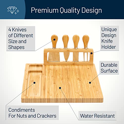 RoyalHouse Unique Bamboo Cheese Board and Knife Set - Charcuterie Boards Set & Cheese Platter with Slide-Out Cutlery Drawer - Serving Tray for Crackers, Meat, and Wine - Anniversary and Wedding Gift