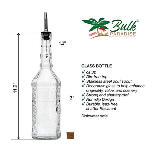 BULK PARADISE Large Clear Decorative Glass Bottle with Spout and Cork, 32oz, 1 Bottle - Design: VINO (3in X 11.9in)