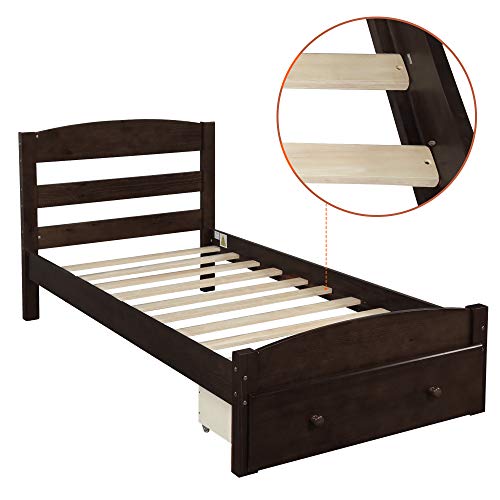 SOFTSEA Twin Bed Frame with Headboard and Drawers/No Box Spring/Slat Support, Solid Wood Platform Bed Frame Suitable for Kids, Teens and Adult (Espresso)