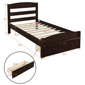 SOFTSEA Twin Bed Frame with Headboard and Drawers/No Box Spring/Slat Support, Solid Wood Platform Bed Frame Suitable for Kids, Teens and Adult (Espresso)