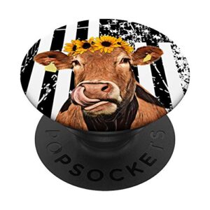 cow black american flag floral design sunflower wildflower popsockets popgrip: swappable grip for phones & tablets