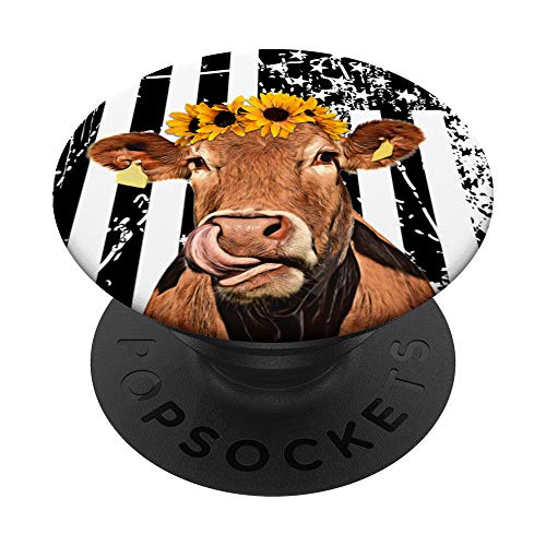 Cow Black American Flag Floral Design Sunflower Wildflower PopSockets PopGrip: Swappable Grip for Phones & Tablets