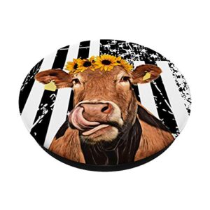 Cow Black American Flag Floral Design Sunflower Wildflower PopSockets PopGrip: Swappable Grip for Phones & Tablets