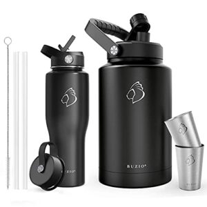 buzio vacuum insulated stainless steel water bottle 32oz tumbler and 1 stainless steel gallon jug set, black bpa free double wall travel mug/flask for outdoor sports, fit any cupholder