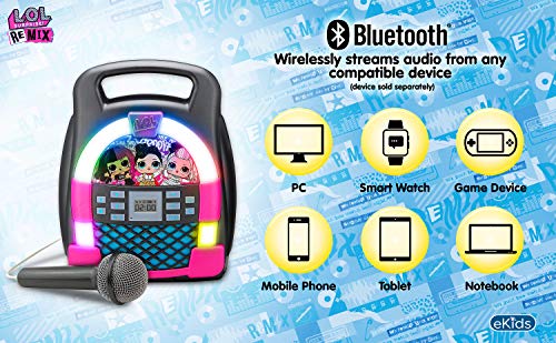 LOL Surprise! Remix OMG Bluetooth Karaoke Machine MP3 Player Portable with LED Disco Light Show, Store Hours of Music with Built in Memory, Record, Real Working Microphone, USB Port