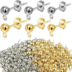 180 pieces ball post earring stud with 200 pieces butterfly ear back earrings with loop for diy jewelry making findings, 4 mm 5 mm 6 mm (silver, gold)