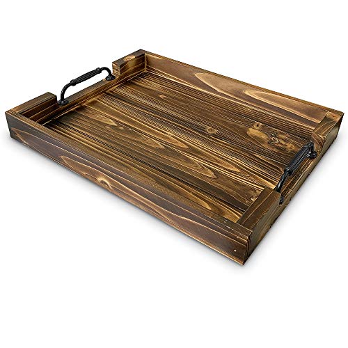 Decorative Large Rustic Wooden Tray 19.5”, Black Sleek Metal Handles, Great for Kitchen, Serving Coffee, Wine, Dinning Centerpiece, Breakfast in Bed, Bathtub Accessory, Farmhouse Home Décor (Brown)