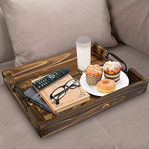 Decorative Large Rustic Wooden Tray 19.5”, Black Sleek Metal Handles, Great for Kitchen, Serving Coffee, Wine, Dinning Centerpiece, Breakfast in Bed, Bathtub Accessory, Farmhouse Home Décor (Brown)