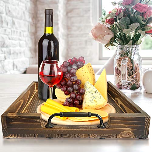 Decorative Large Rustic Wooden Tray 19.5”, Black Sleek Metal Handles, Great for Kitchen, Serving Coffee, Wine, Dinning Centerpiece, Breakfast in Bed, Bathtub Accessory, Farmhouse Home Décor (Brown)