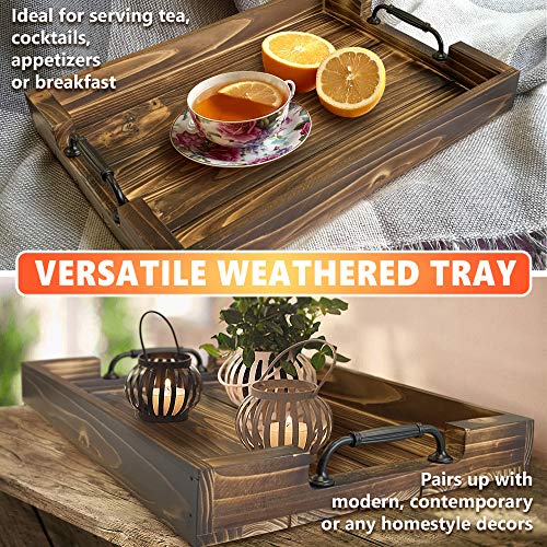 Decorative Large Rustic Wooden Tray 19.5”, Black Sleek Metal Handles, Great for Kitchen, Serving Coffee, Wine, Dinning Centerpiece, Breakfast in Bed, Bathtub Accessory, Farmhouse Home Décor (Brown)