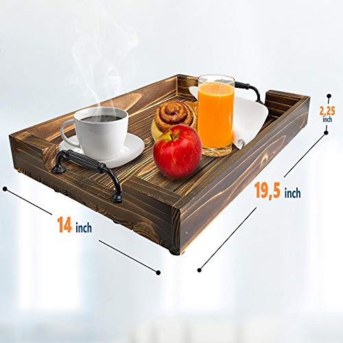 Decorative Large Rustic Wooden Tray 19.5”, Black Sleek Metal Handles, Great for Kitchen, Serving Coffee, Wine, Dinning Centerpiece, Breakfast in Bed, Bathtub Accessory, Farmhouse Home Décor (Brown)